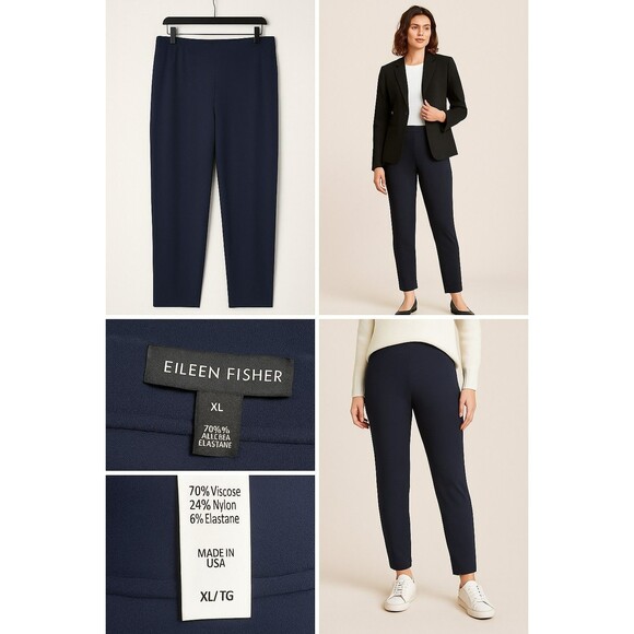 Eileen Fisher XL BLUE Washable Stretch Crepe Pants Ankle Zippers Inseam 28 - Picture 1 of 16